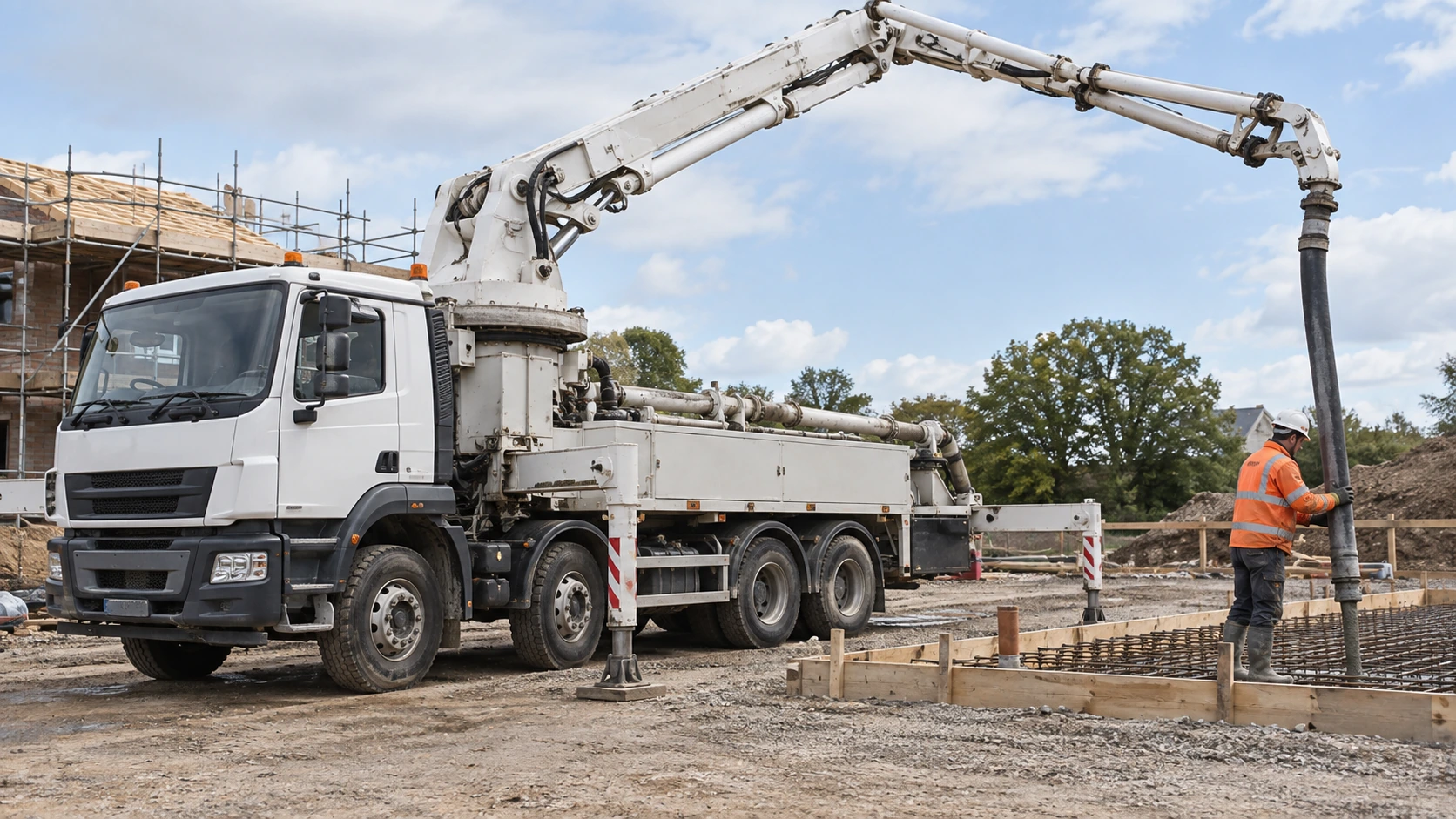 Unbranded concrete pump truck on deployed outriggers at a tidy UK building site, operator in PPE checks hose route beside the machine, visible pump body and articulated boom parked in a safe working position, no readable plates.