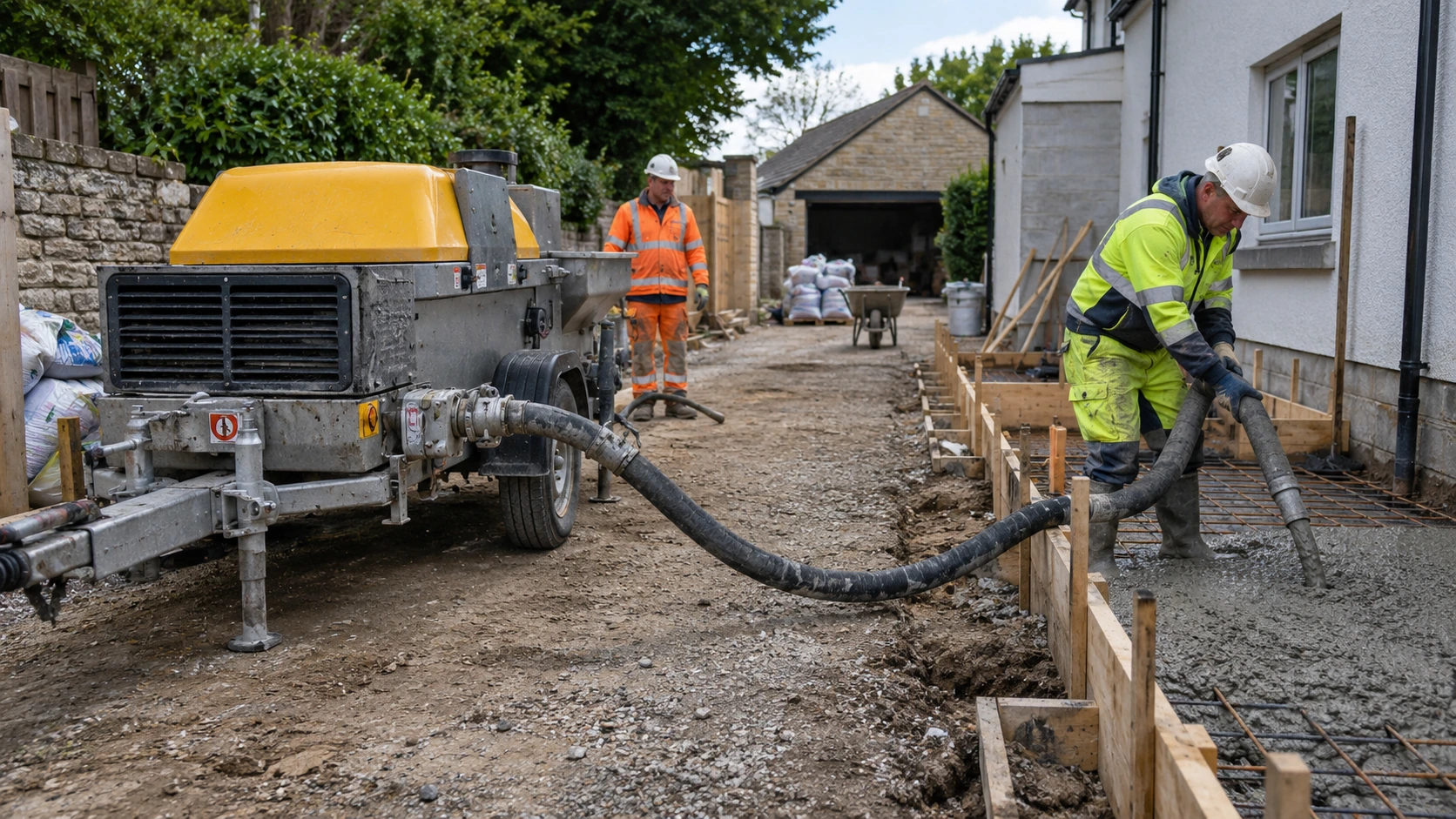 Towable concrete line pump supplies a thick hose laid neatly along a UK construction site's narrow access route to a worker guiding concrete into prepared formwork; no overhead boom, pump and hose connection clearly visible.