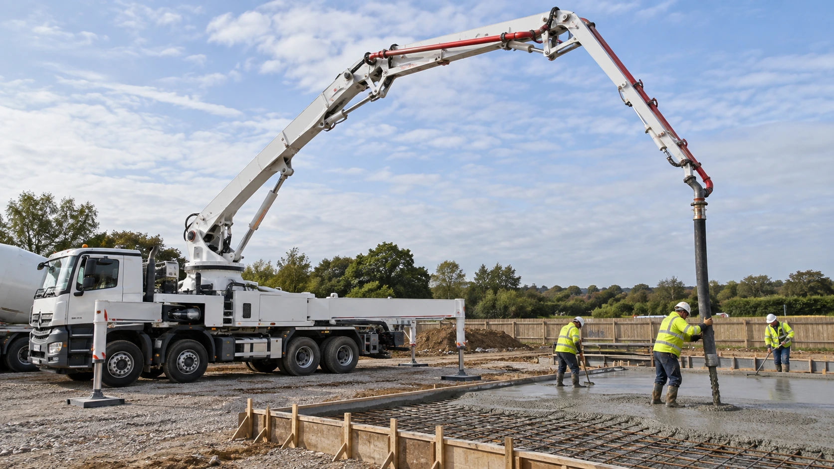 Concrete boom pump truck with stable deployed outriggers and one articulated boom delivering concrete through a vertical end hose into a slab, PPE-clad crew at the hose, wide clear complete machine geometry.