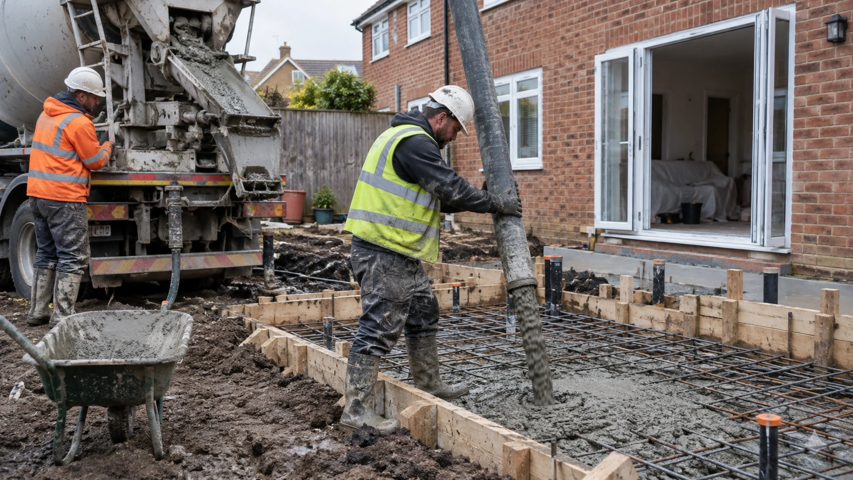 Domestic house-extension concrete pour: PPE-clad workers guide a ground-level delivery hose into prepared small foundation formwork at the rear of a British brick home, wet concrete and house context obvious.
