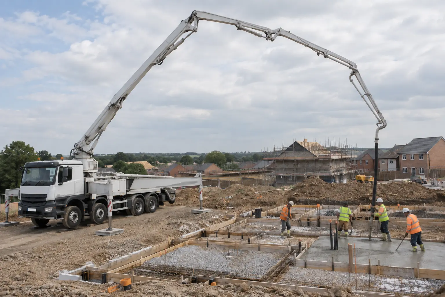 Boom pump hire — Wide view of a concrete boom pump truck on properly deployed outriggers, its long articulated boom spanning safely over a UK building site to deliver concrete at a distant foundation. A PPE-clad crew guides the vertical flexible end hose, clear long reach and coherent boom joints.