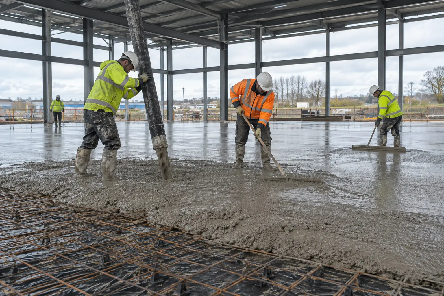 Commercial concrete pumping — PPE-clad concrete crew guiding a pumping hose and levelling freshly poured concrete over a large prepared ground-floor slab inside the steel frame of a commercial building. Visible reinforcement at the unpoured edge and broad slab scale, no text or logos.