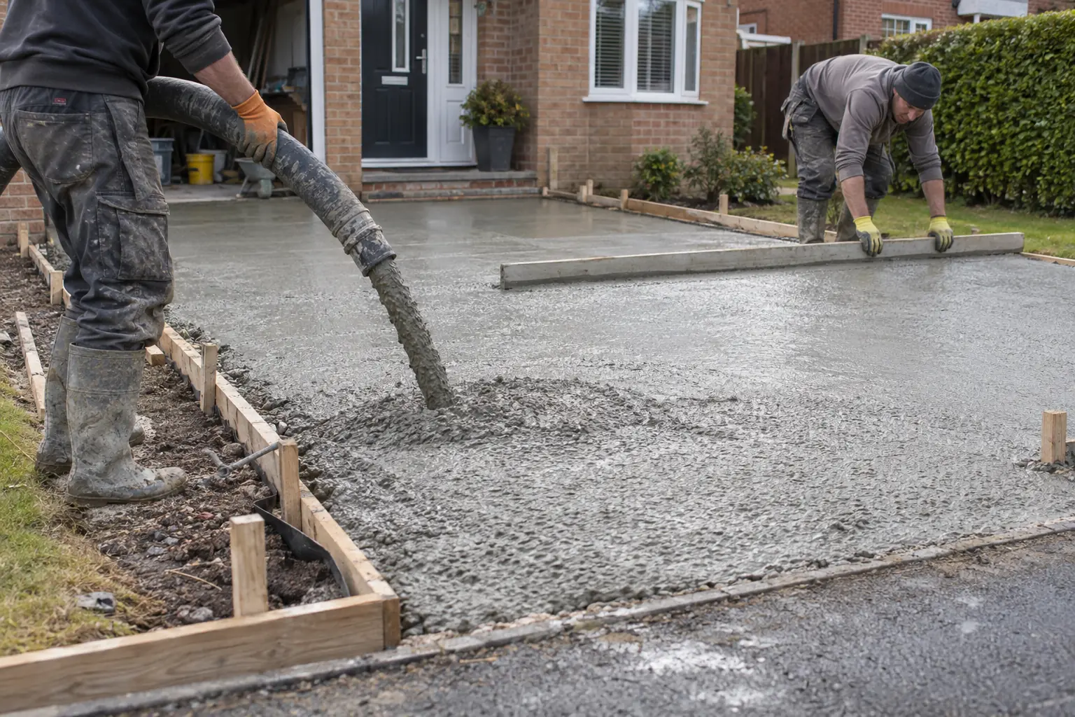 Concrete pumping for driveways — Workers in boots and gloves pump fresh concrete through a thick delivery hose into the shaped driveway leading from a UK house to the pavement. Timber edge forms, a worker levels the surface with a long screed board, recognisable driveway route.