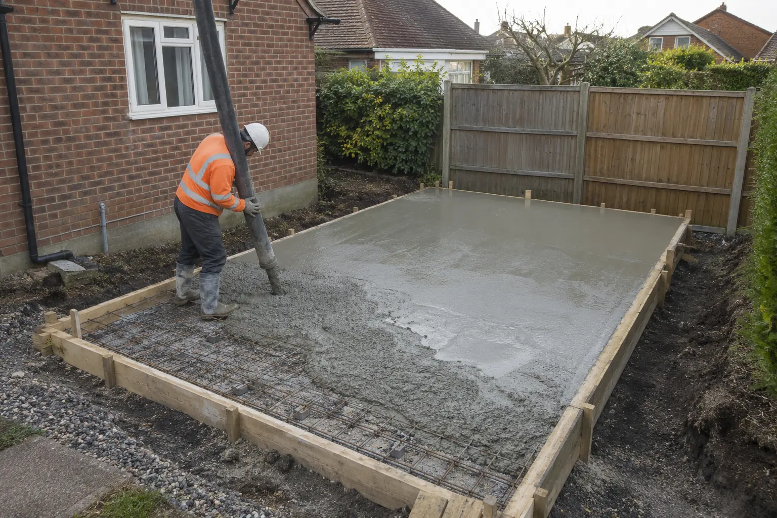 Concrete pumping for garage bases — PPE-clad concrete worker guides a delivery hose onto a compact rectangular garage base at the side of a UK house. Prepared perimeter formwork, reinforcement at one edge and fresh level concrete, detached-garage-sized slab clearly visible from slightly elevated wide angle.