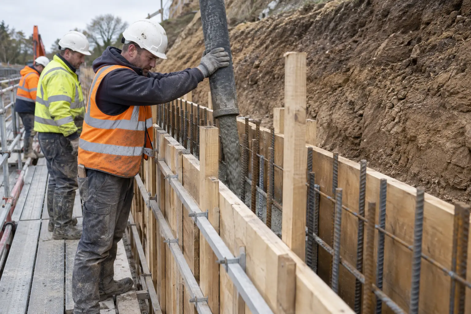 Concrete pumping for retaining walls — Concrete crew in hard hats and gloves direct a short flexible pump hose vertically into tall timber retaining-wall shuttering, with visible steel reinforcement rising inside the narrow wall form. Earth bank held back behind formwork, safe working platform, realistic controlled pour.