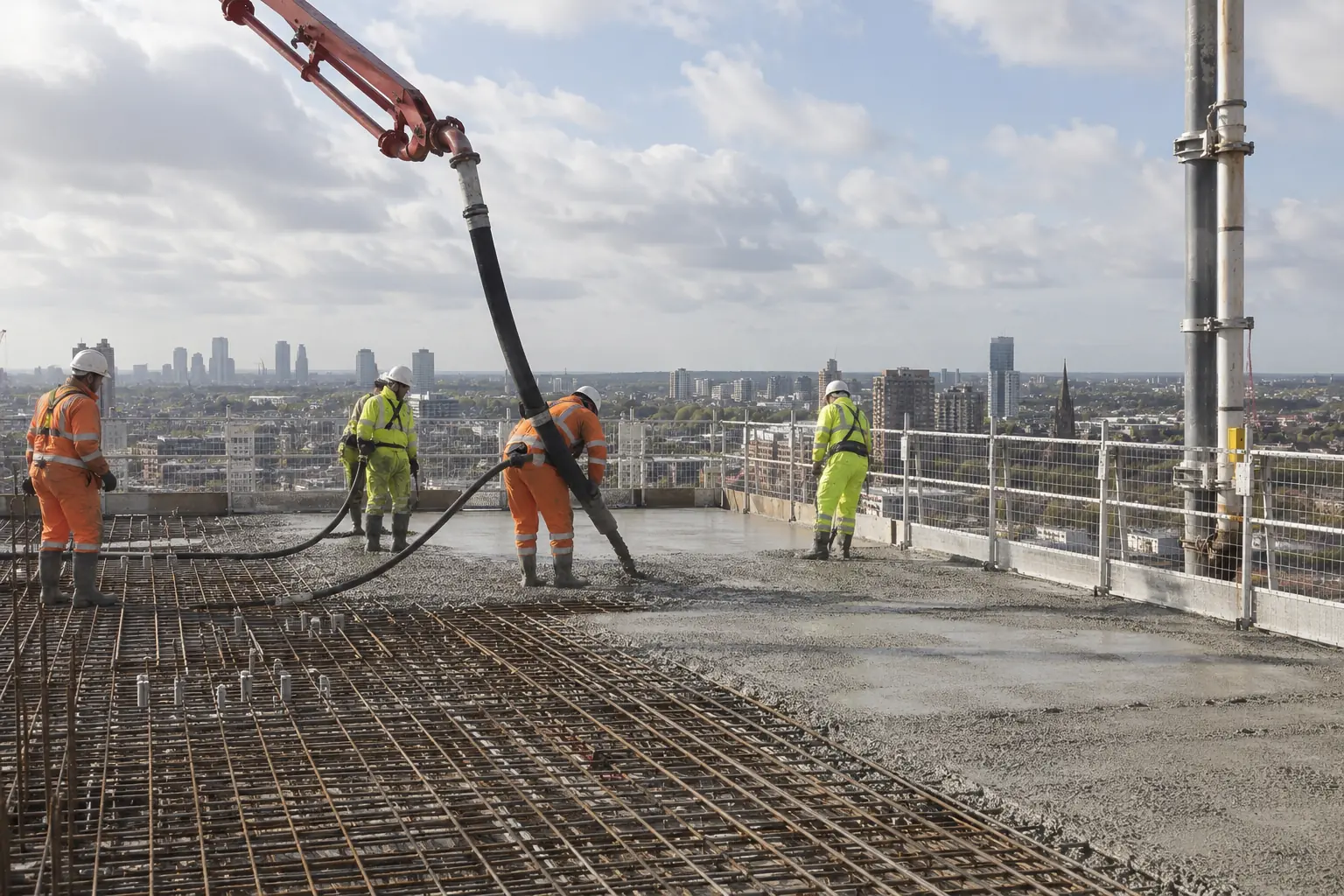 High rise concrete pumping — PPE-clad crew on a high-rise building's concrete deck guide the end hose of a placing boom, with a vertical delivery riser visible at the deck edge. Full perimeter guardrails and distant city rooftops below establish height, large prepared slab, safe wide viewpoint.