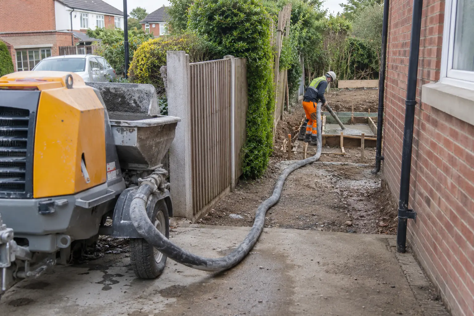 Line pump hire — Ground-level concrete line-pumping at a UK house extension: a thick hose snakes through a narrow side passage from a compact towable line pump visible near the front, and a PPE-clad operator guides the hose outlet into a small prepared timber-formwork foundation trench at the rear. Fresh concrete visible, no overhead boom.