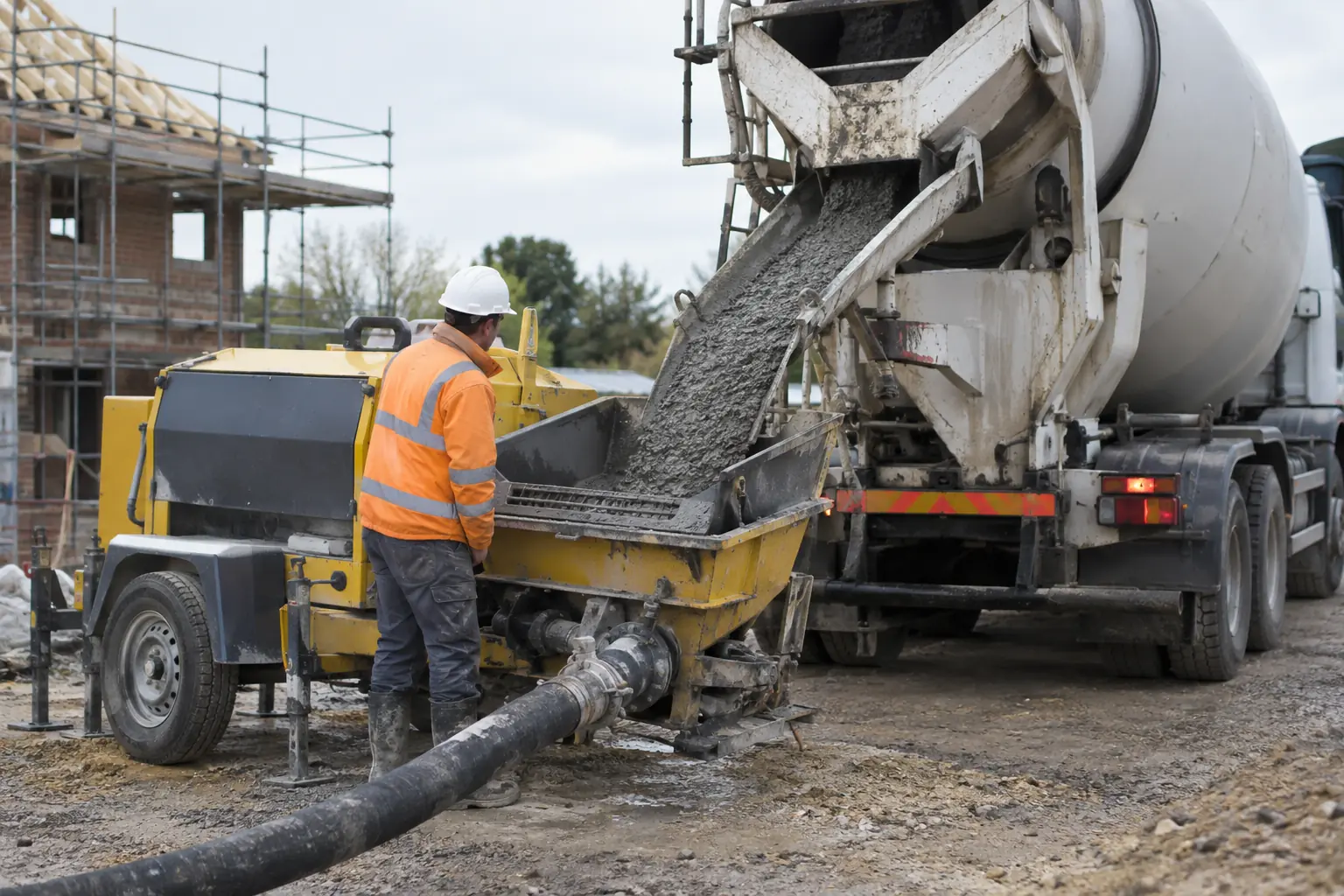 Ready mix concrete pumping — Ground-level view of a ready-mix concrete mixer truck discharging wet concrete down its rear chute into the protected receiving hopper of a separate towable concrete line pump. Operator in hard hat and high-vis monitors from a safe side position, thick delivery hose leads away.