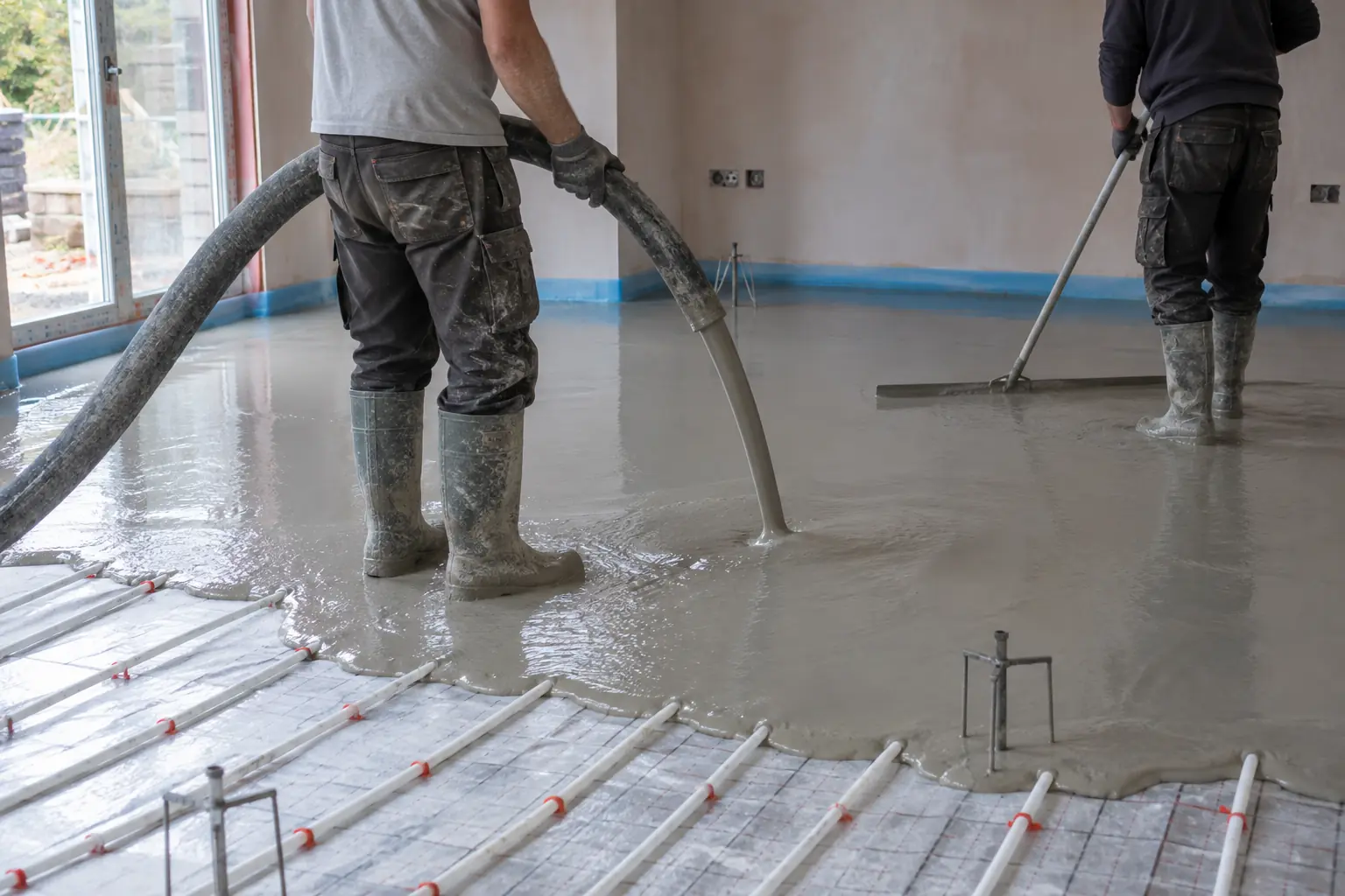 Screed pumping — Flooring crew pumping flowing floor screed from a hose onto the prepared insulated floor of an empty UK house, with underfloor-heating pipes visible at the unpoured edge. Worker in boots guides hose and colleague uses a dappling bar, smooth thin screed distinct from coarse concrete.